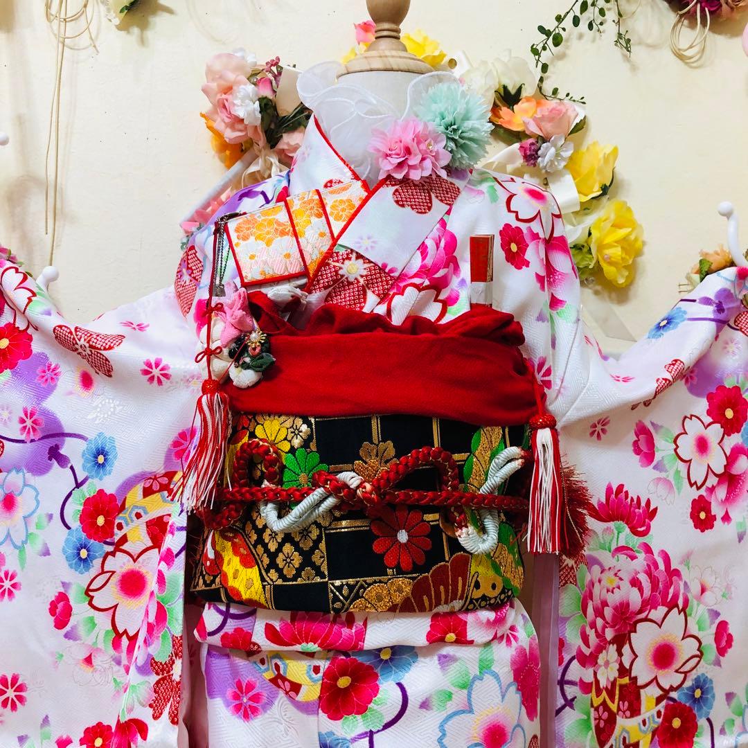 豪華白地7歳完全フルセット‼️着物長襦袢全通袋帯新品⭐︎手毬花金彩煌びやか際立つ逸品
