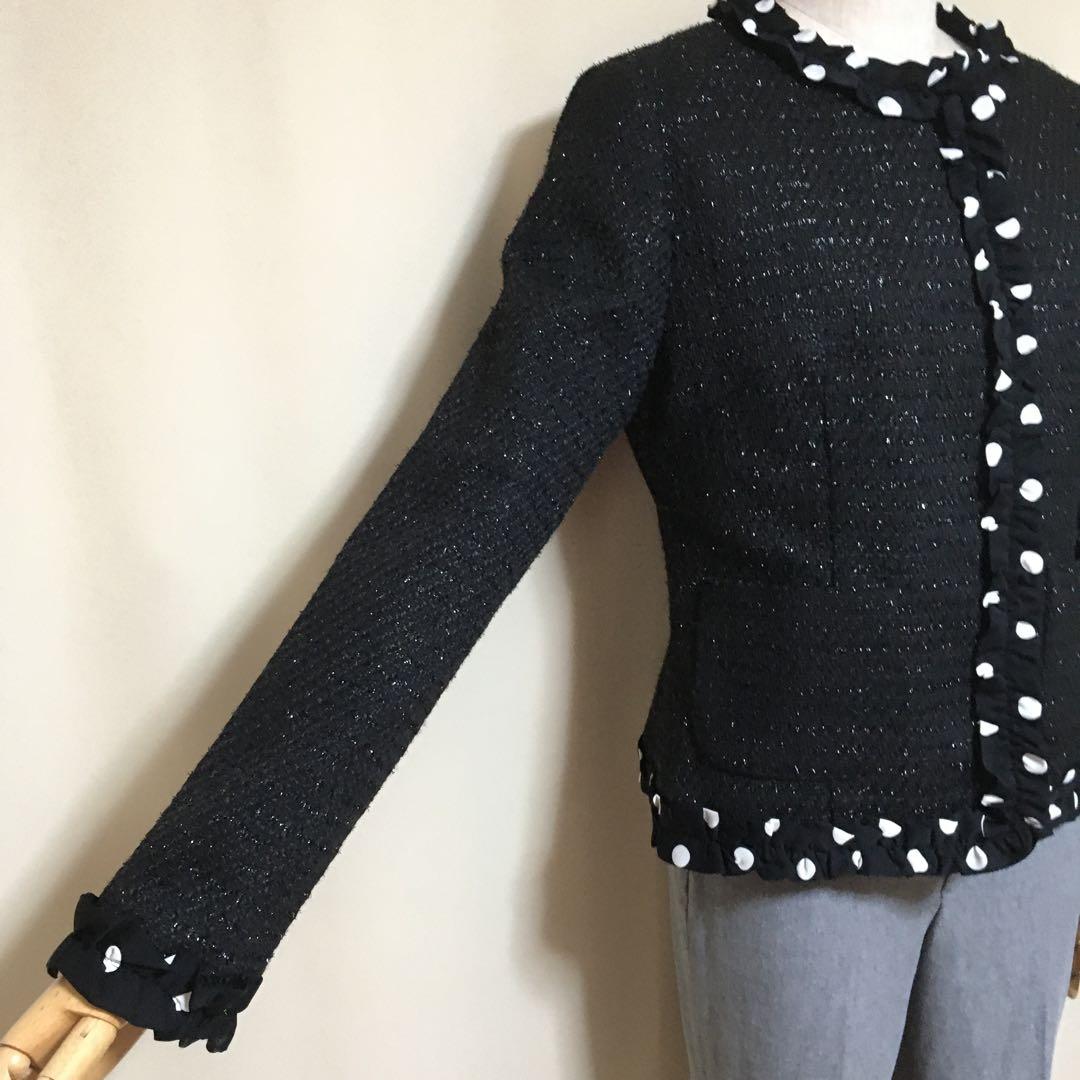 極美品◇マダムジョコンダ 近年 ドットフリル ツイード ノーカラージャケット40