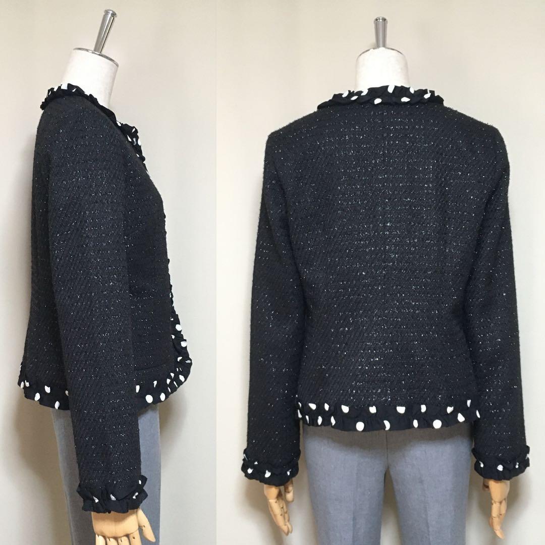 極美品◇マダムジョコンダ 近年 ドットフリル ツイード ノーカラージャケット40