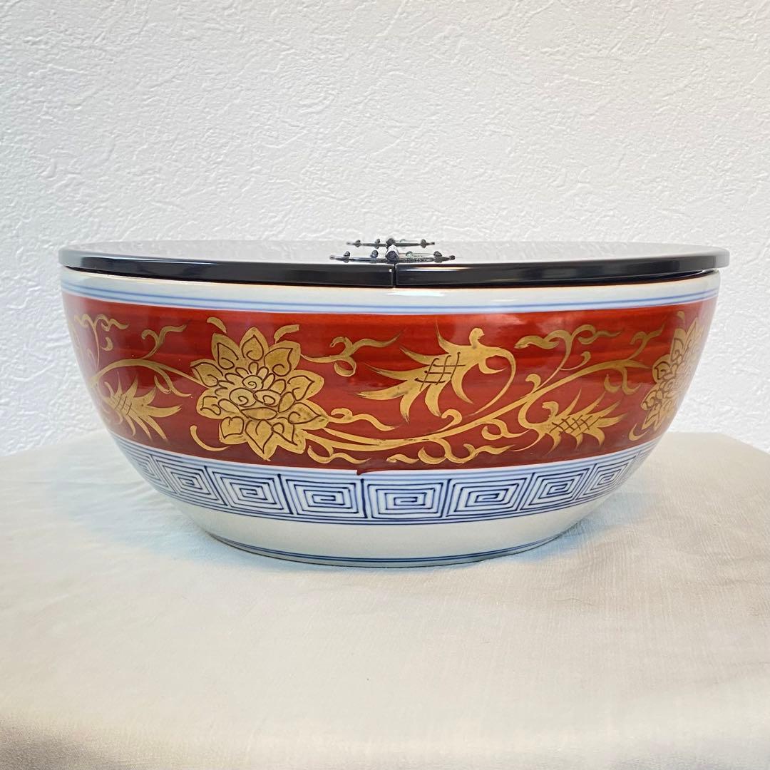 茶道具【水指】　平水指　平安　手塚祥堂造　金襴手　染付　赤　金　共箱付き