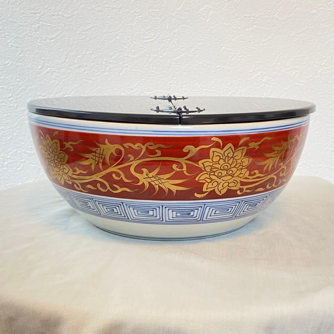 茶道具【水指】　平水指　平安　手塚祥堂造　金襴手　染付　赤　金　共箱付き