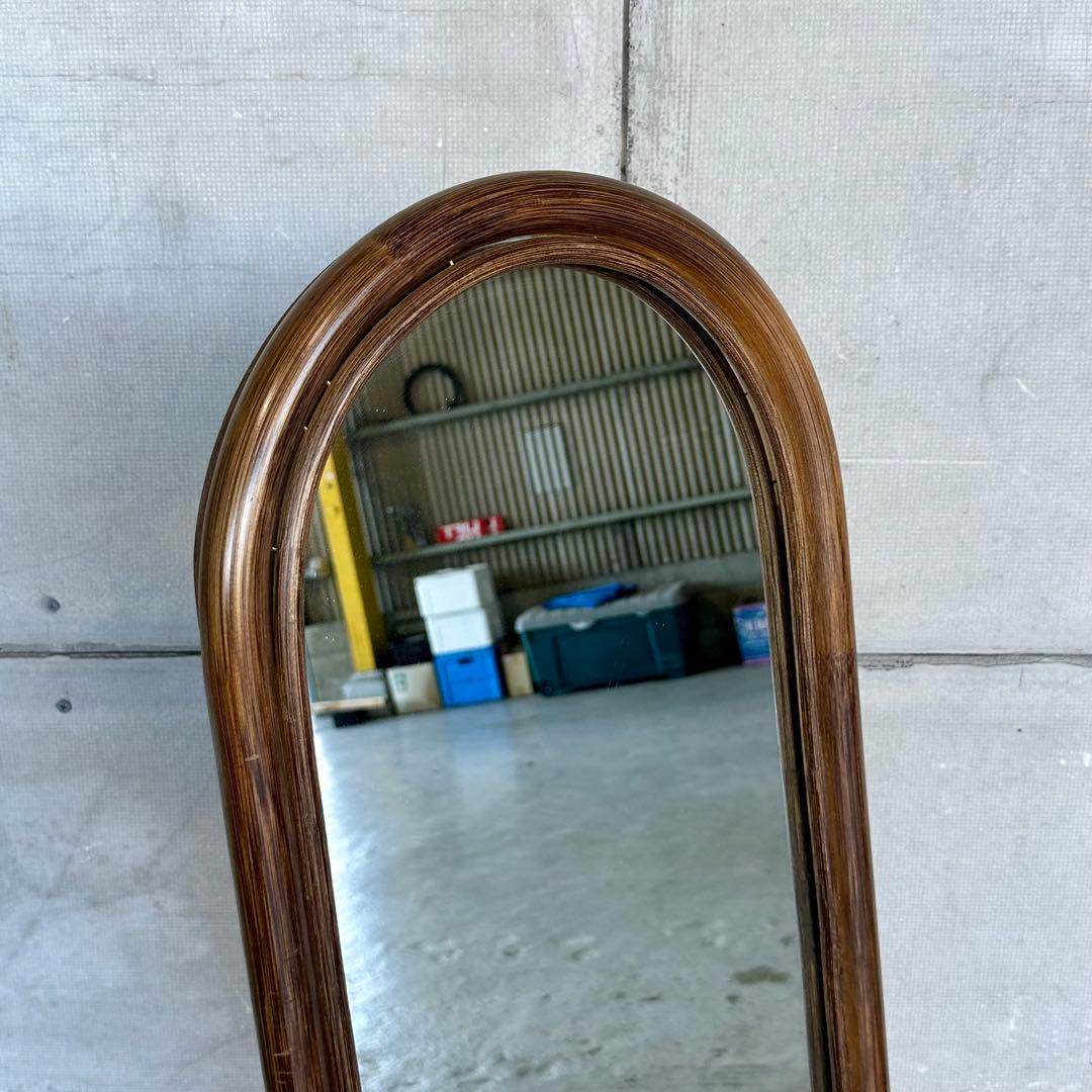 ♦︎昭和レトロ♦︎黒光スタンドミラー 物置格納型大鏡 姿見 等身鏡オールドラタン