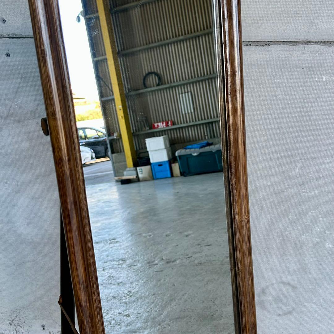 ♦︎昭和レトロ♦︎黒光スタンドミラー 物置格納型大鏡 姿見 等身鏡オールドラタン