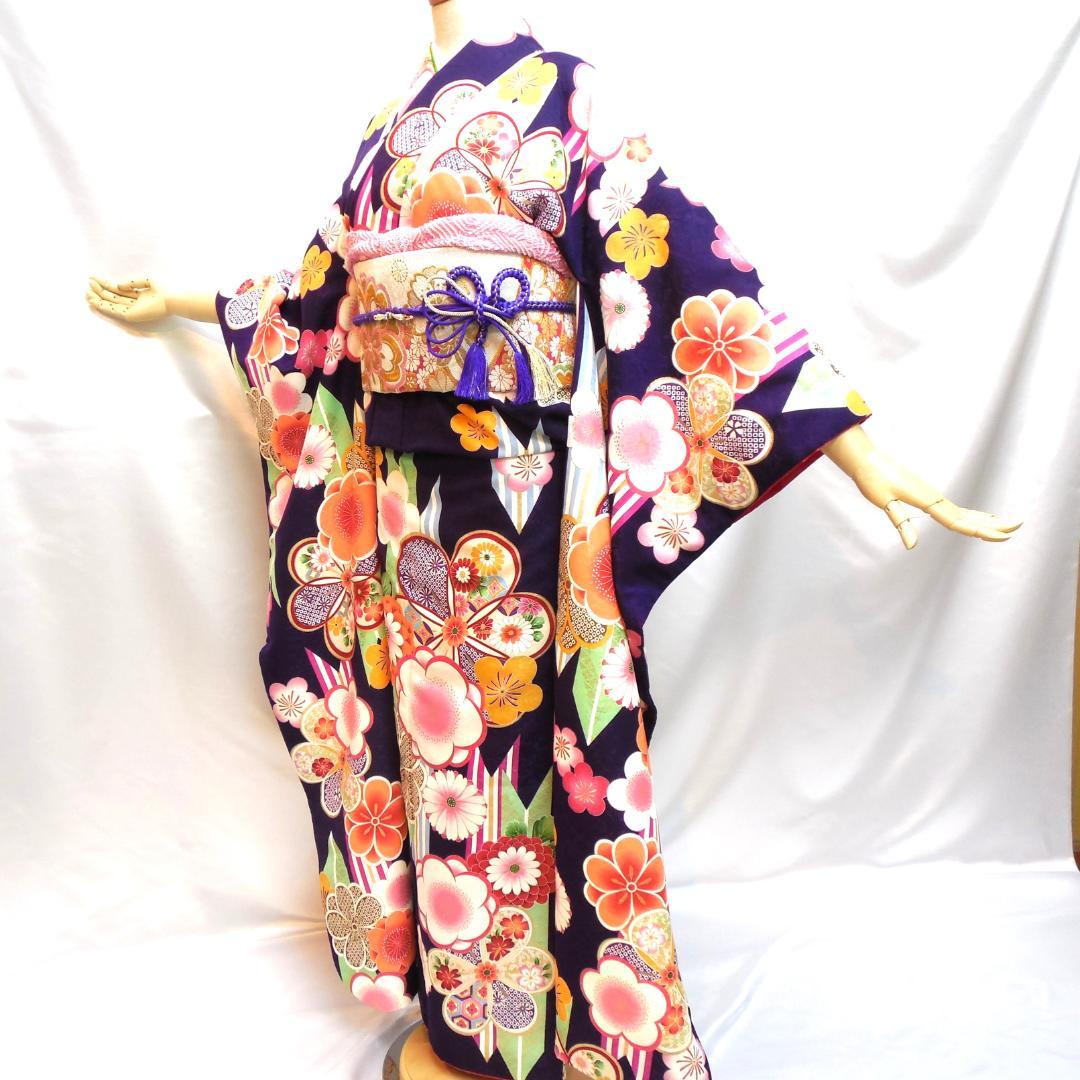 未使用品★洗える振袖　振袖フルセット　ポリ　成人式　振袖　M～Ｌサイズ　紺　花柄