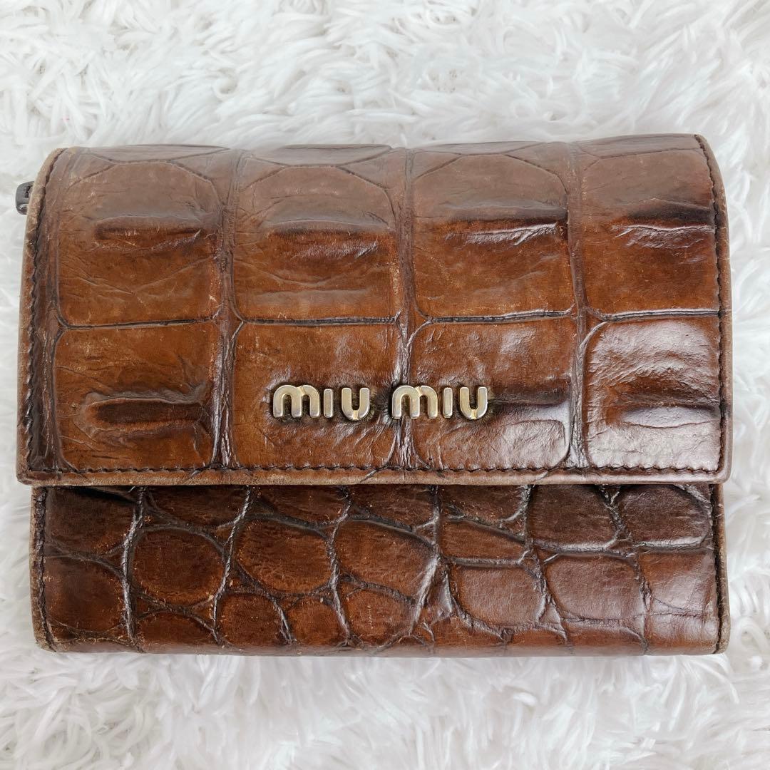 sa ミュウミュウ 折り財布クロコ型押し レザー y2k アーカイブ 茶