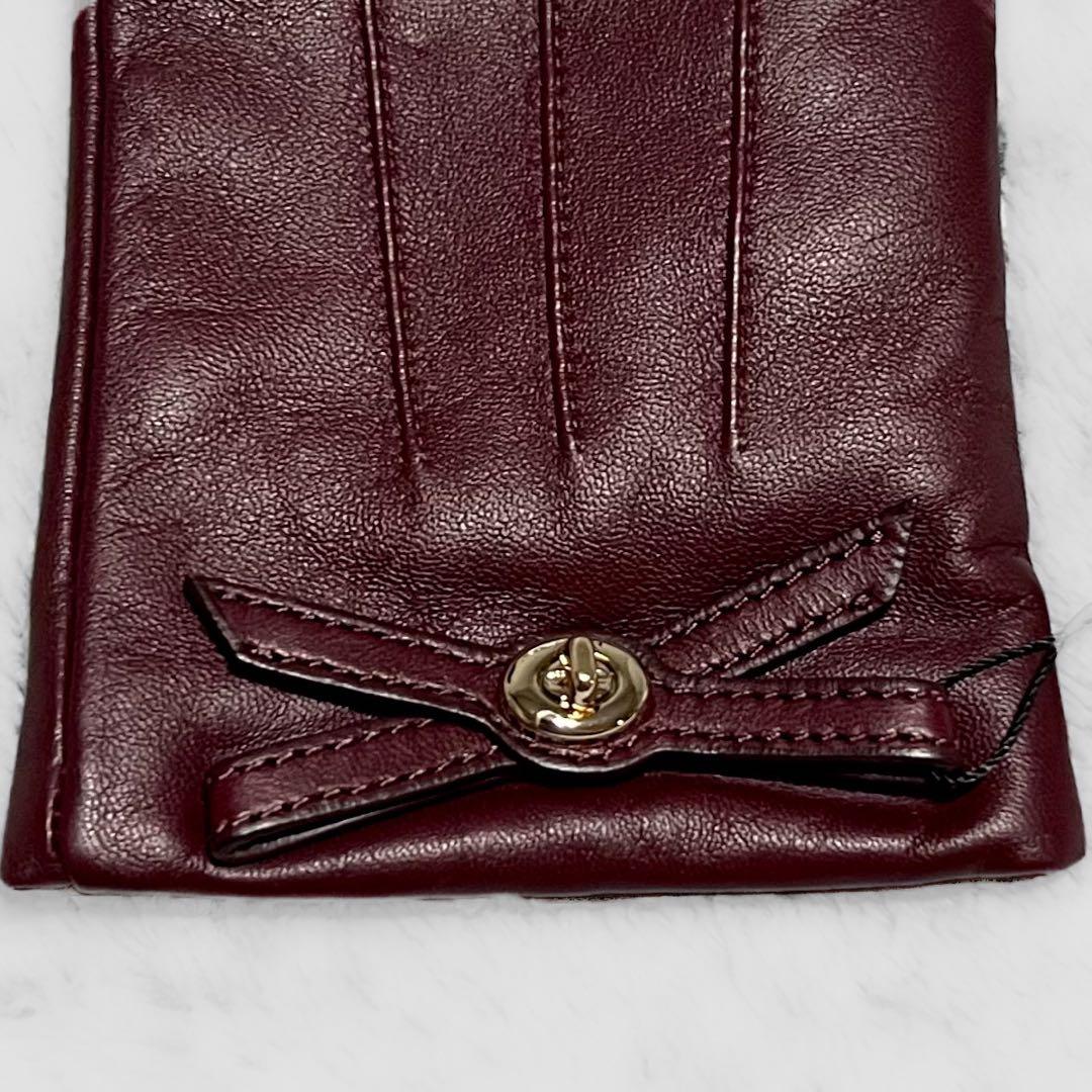 ●未使用 COACH コーチ 羊革 シープレザー 手袋 リボン バーガンディ