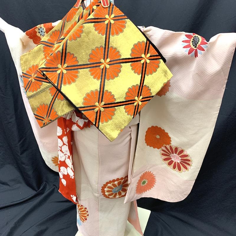 510ag20□七五三 七歳 セミアンティーク 女児 着物&袋帯 金彩 菊□良好