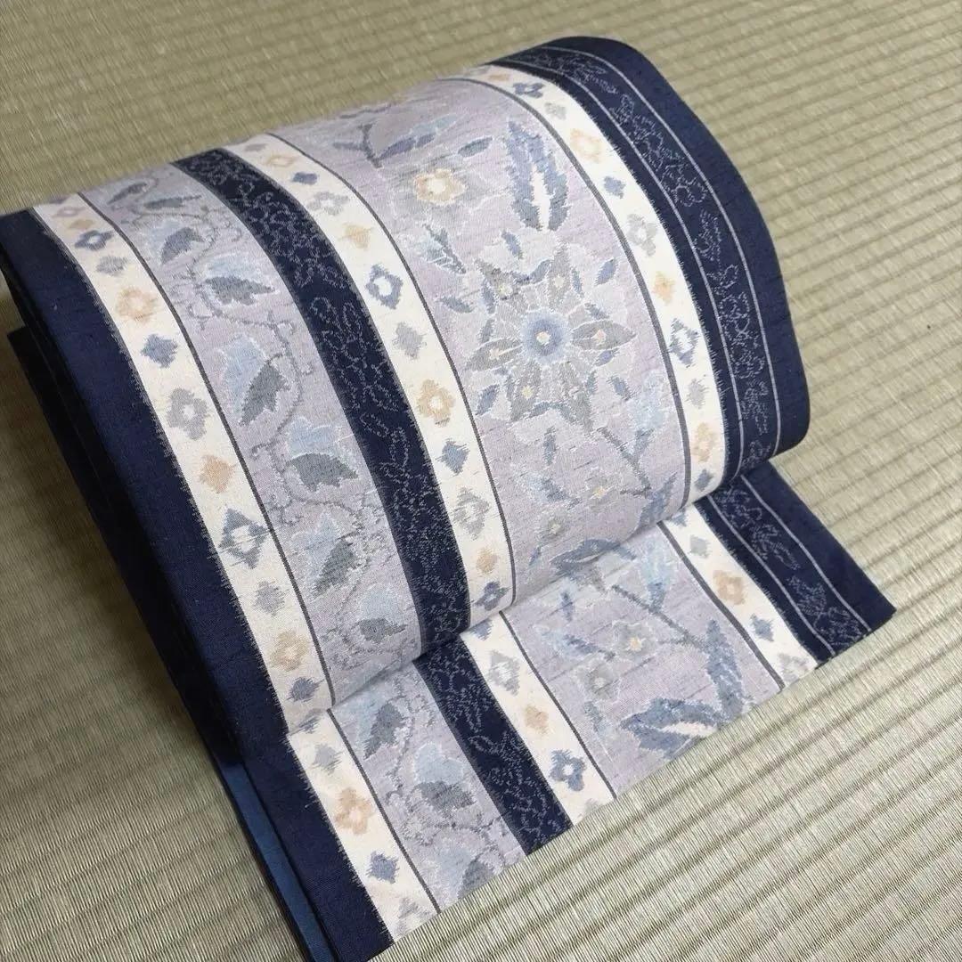 正絹　紬　全通袋帯《ライン　花》