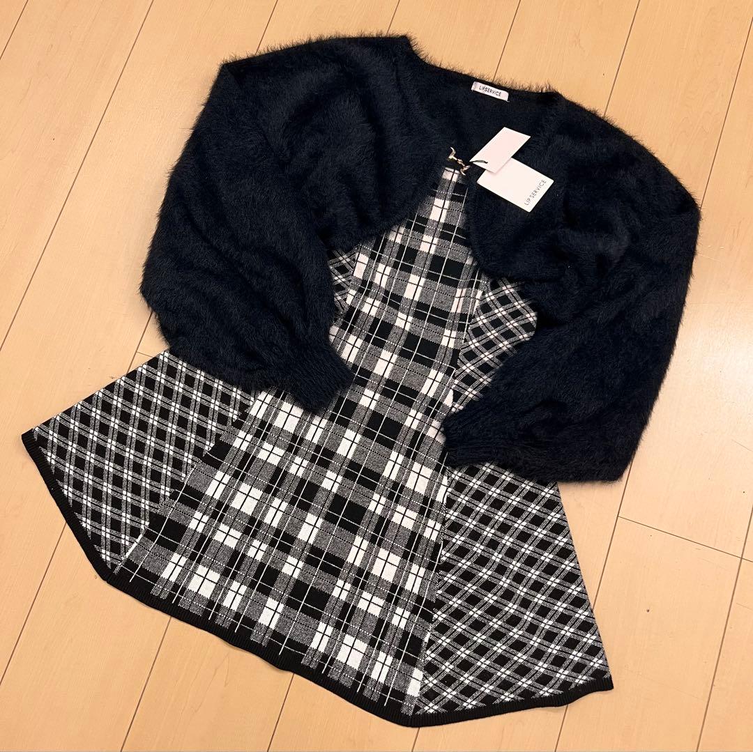 18新品リップサービス定価13090円フェザーチェックアンサンブルワンピース黒M