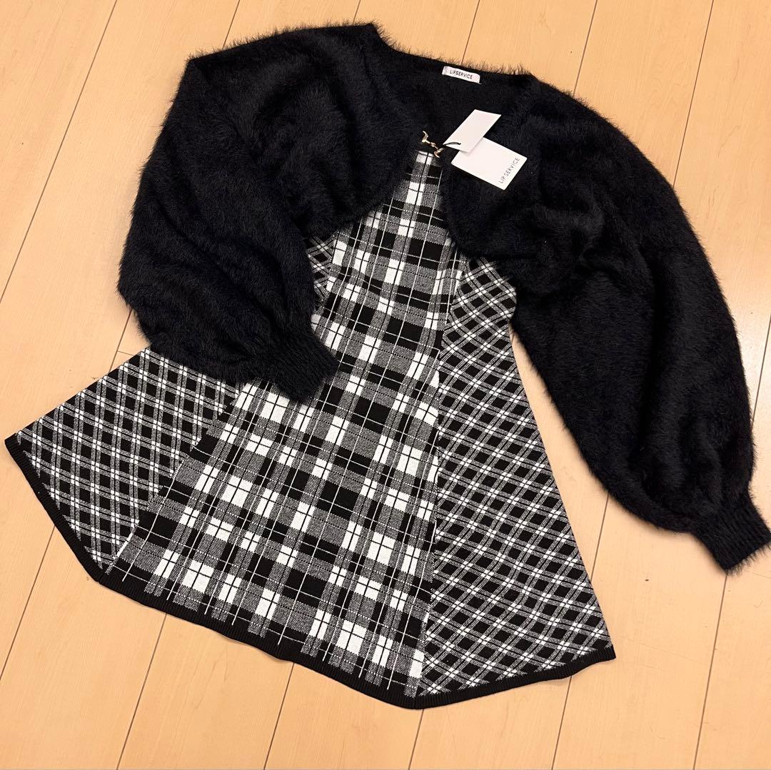 18新品リップサービス定価13090円フェザーチェックアンサンブルワンピース黒M