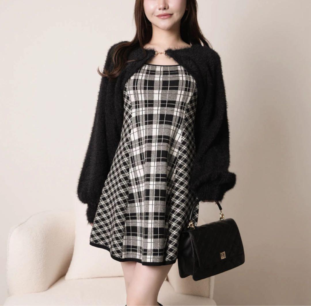 18新品リップサービス定価13090円フェザーチェックアンサンブルワンピース黒M