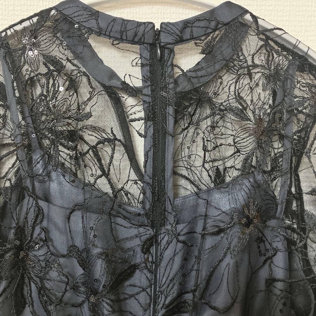 美品　人気　ニアナ　スパンコール刺繍レースドレス キーホールネック　ブラック　Ｌ