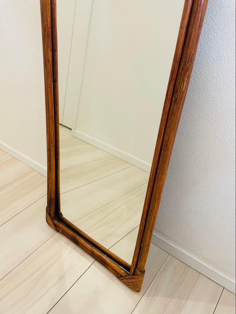 アーチ型 ラタンフレーム ミラー 姿見　コンパクト