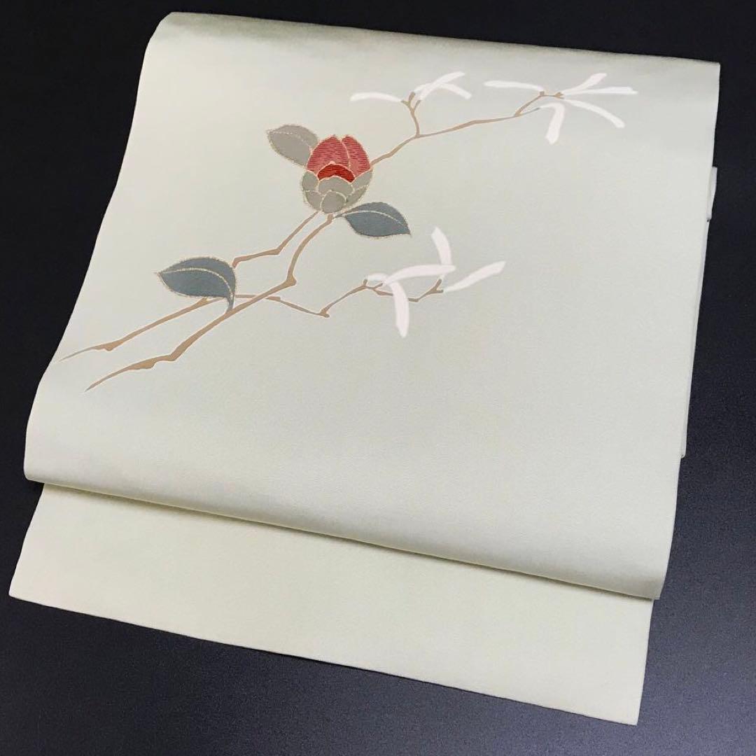 ［7505］名古屋帯 枝花文様 刺繍 金彩 九寸 お太鼓柄 正絹 着物