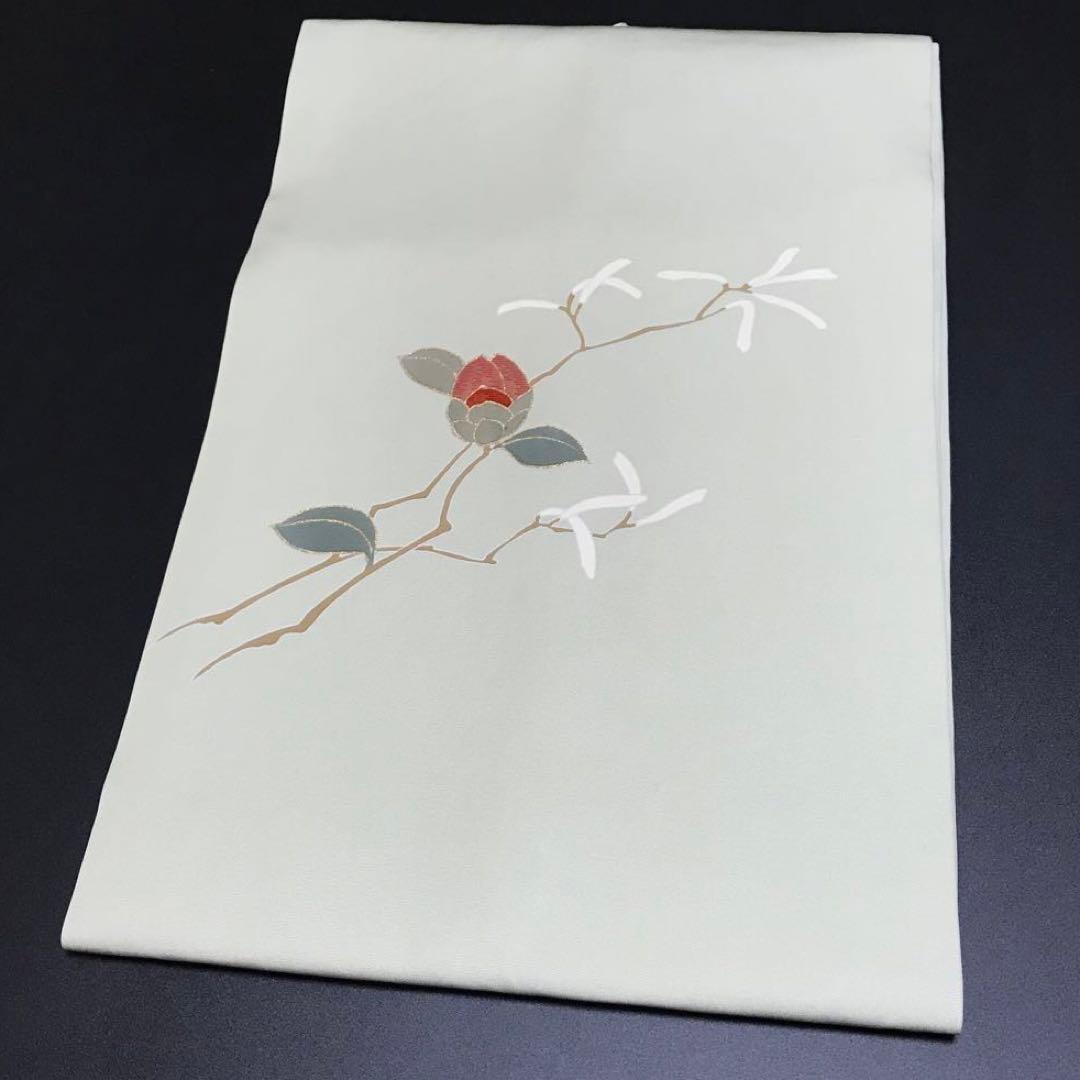 ［7505］名古屋帯 枝花文様 刺繍 金彩 九寸 お太鼓柄 正絹 着物