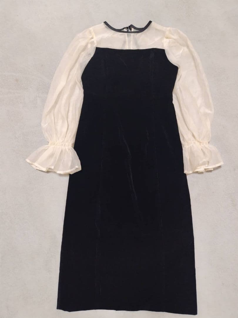 Chico ブラックドレス 配色シースルータイトロングドレス フリル