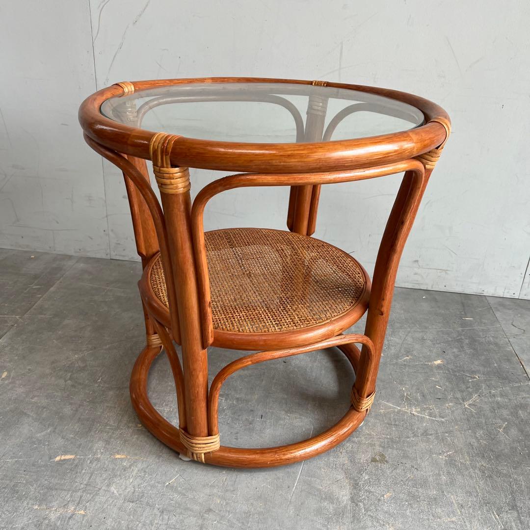 ヴィンテージ ガラス ラタン 籐 テーブル レトロ 丸 ラウンド z372