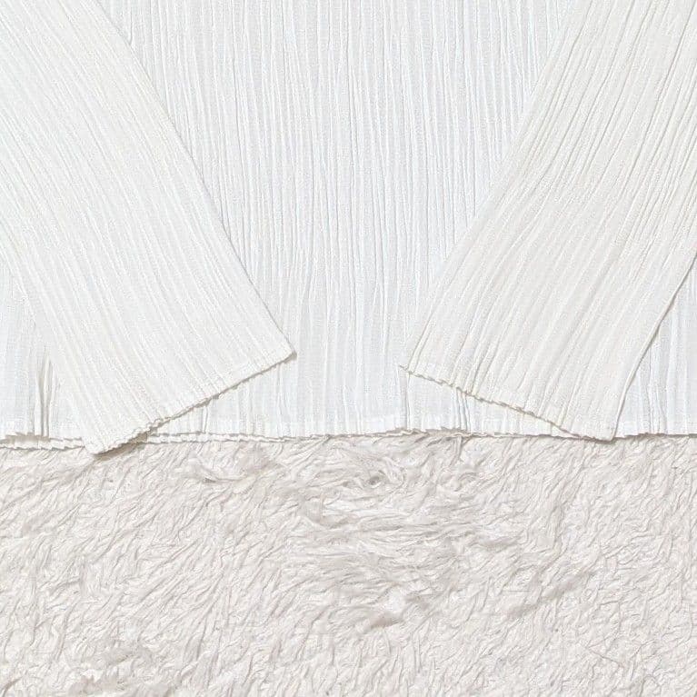 プリーツプリーズ 長袖 カットソー ハイネック 日本製 洗える LL ホワイト