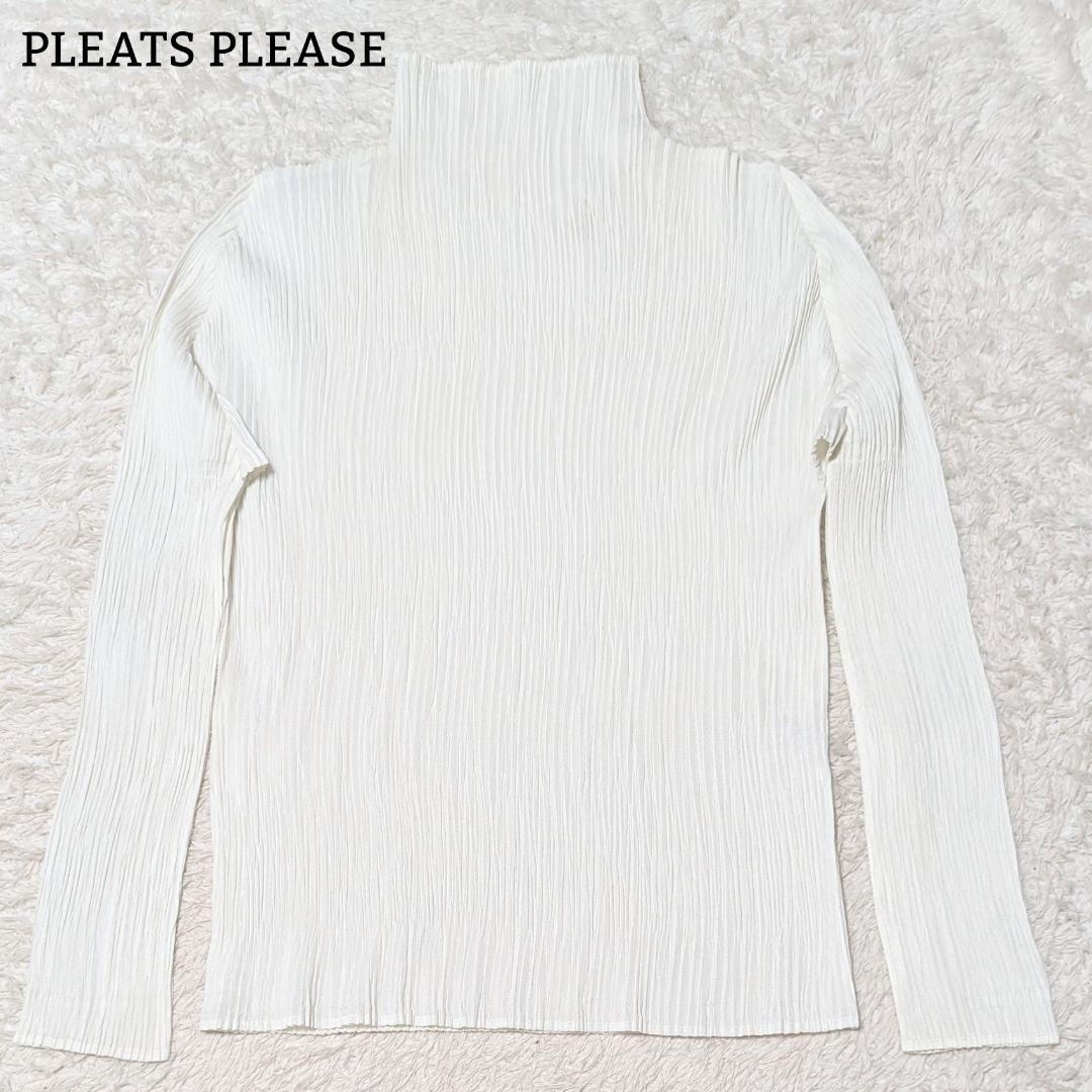 プリーツプリーズ 長袖 カットソー ハイネック 日本製 洗える LL ホワイト
