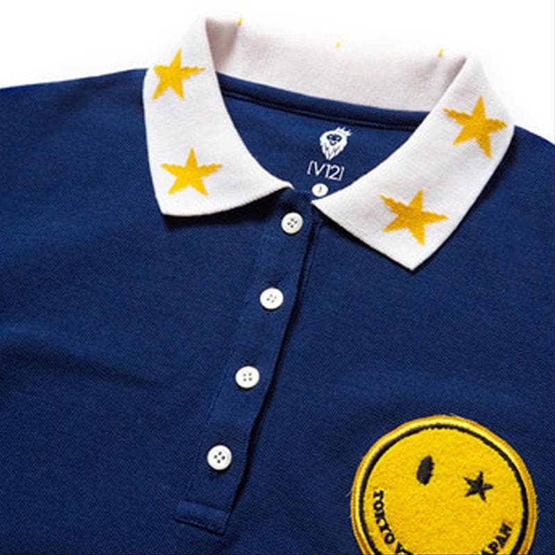 新品 V12 GOLF スマイルワッペン 半袖ポロシャツ ブルー M レディース