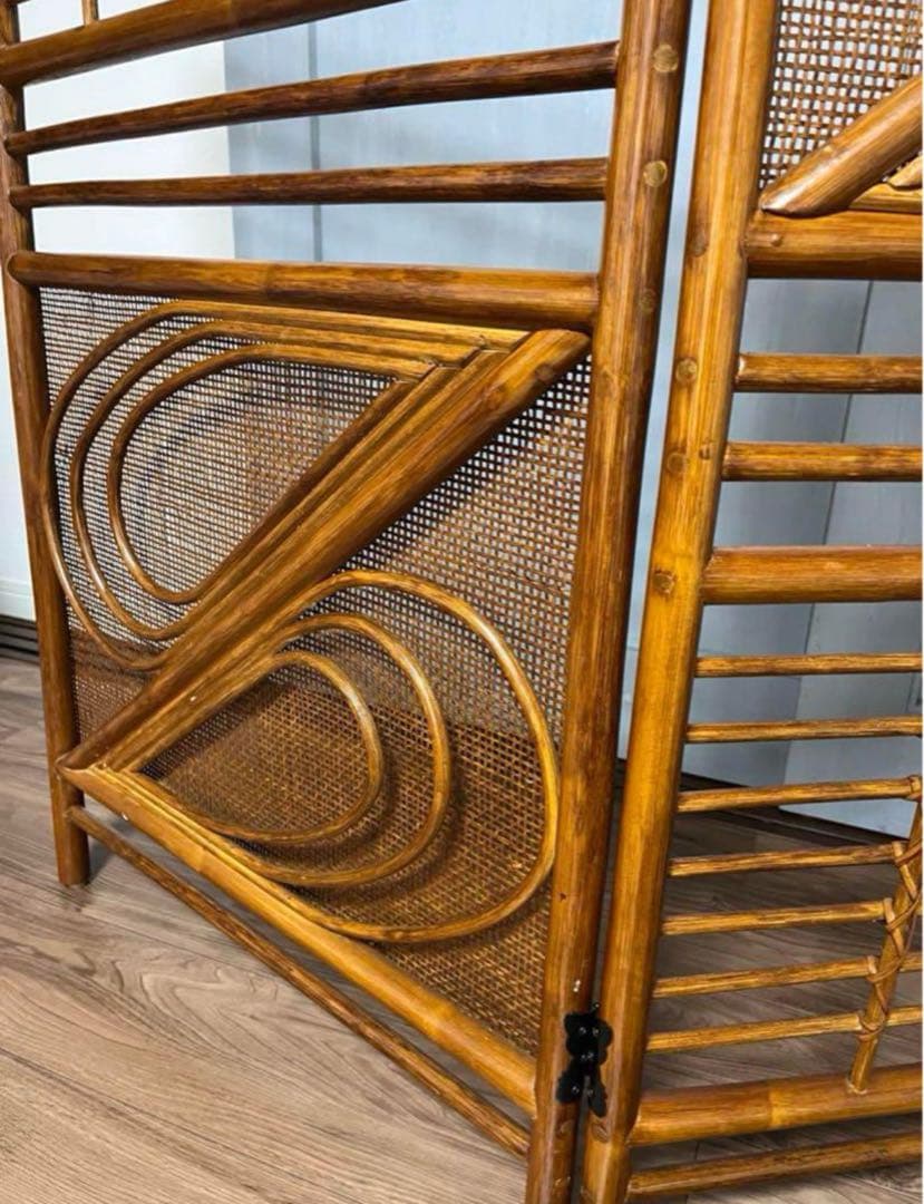 折りたたみパーテーション 昭和レトロ 間仕切り 和風 木製 衝立　ラタン　籐