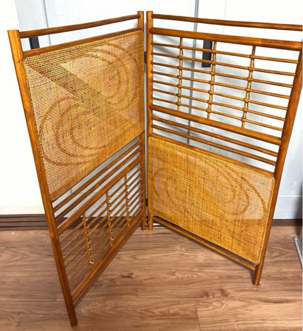 折りたたみパーテーション 昭和レトロ 間仕切り 和風 木製 衝立　ラタン　籐