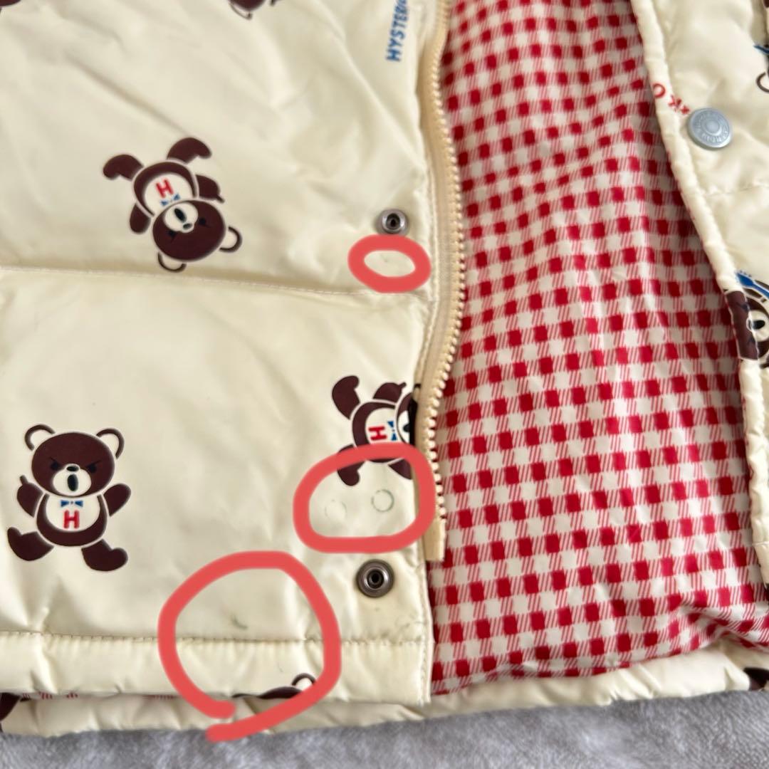 ヒステリックグラマー　ダウンベスト　クリーム　赤チェック　ヒスベア　総柄