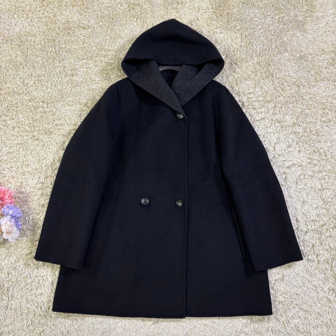 23区　大きいサイズ　フーディッド　アンゴラ　リバーコート　46 ブラック