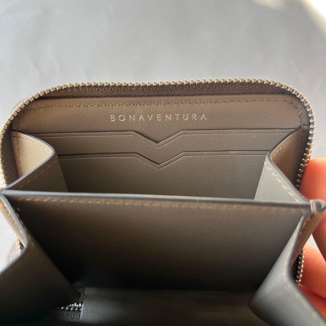 極美品 BONAVENTURAミニ財布ラウンドジップウォレット グレージュ 本革
