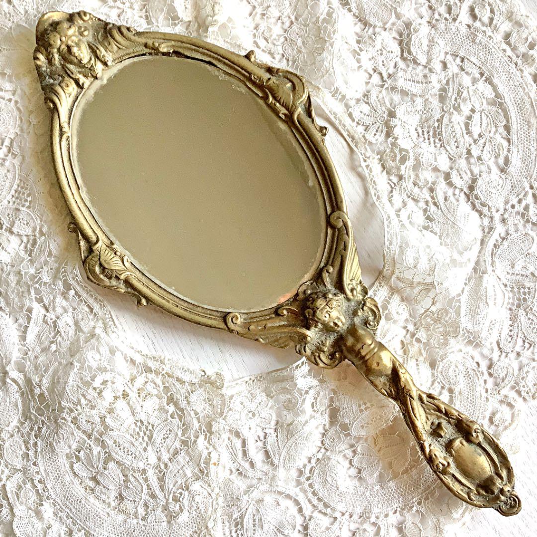 フランス アンティーク■天使 エンジェル 手鏡 ミラー 骨董品 ディスプレイ
