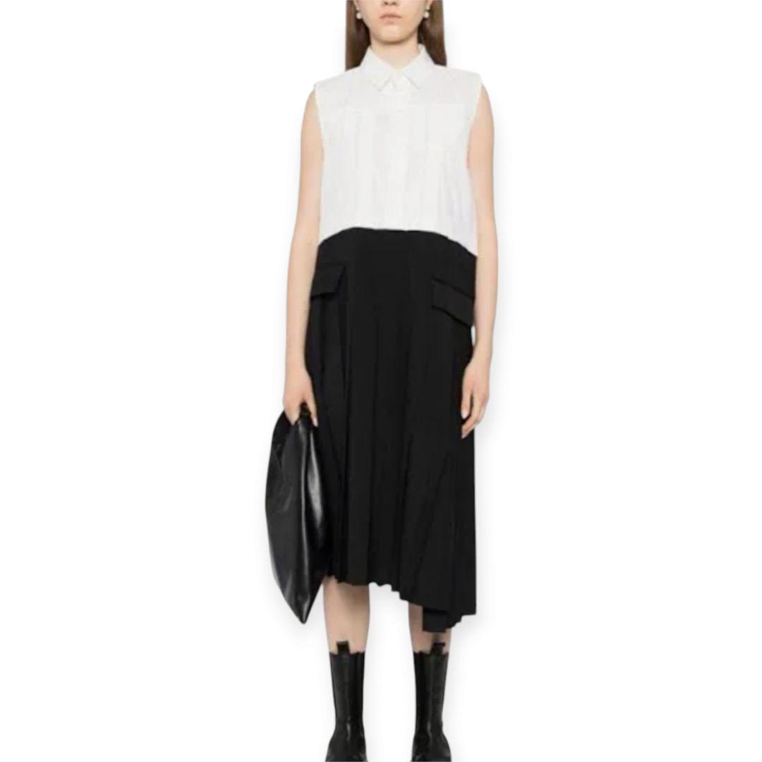 美品 sacai スーチング ミディドレス プリーツ 異素材 Ｓ