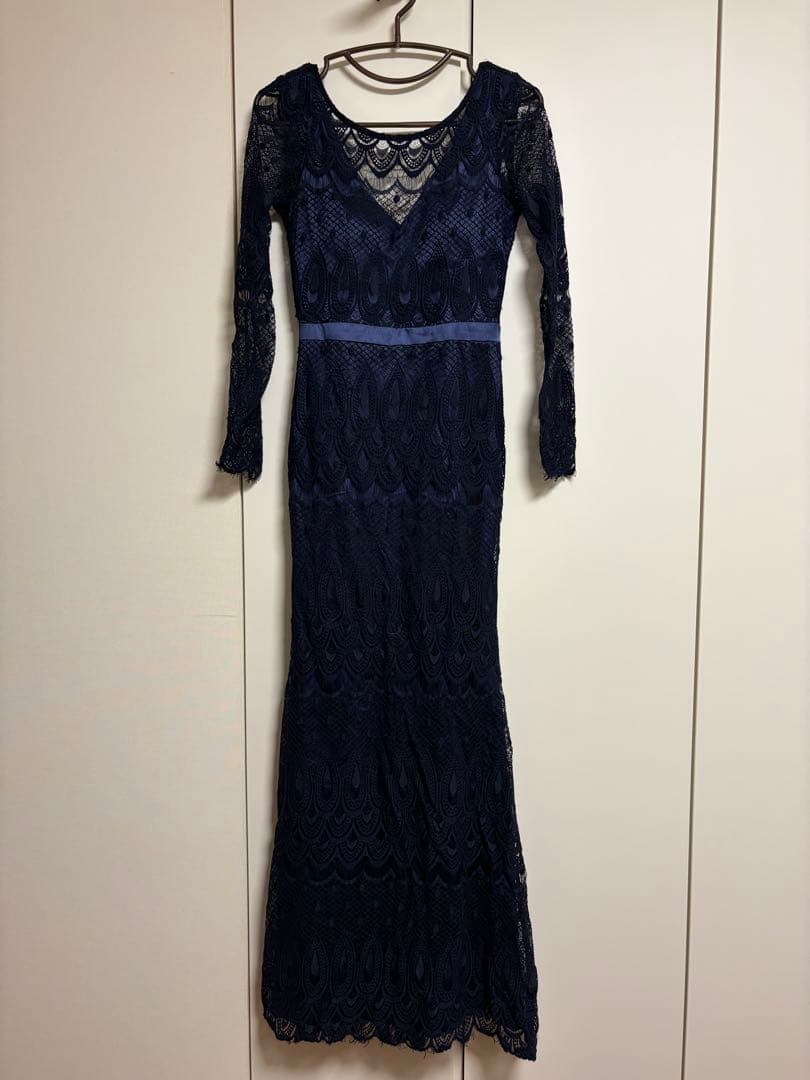 rinfarre総レースボートネックハイウエスト背中開き長袖Aラインロングドレス