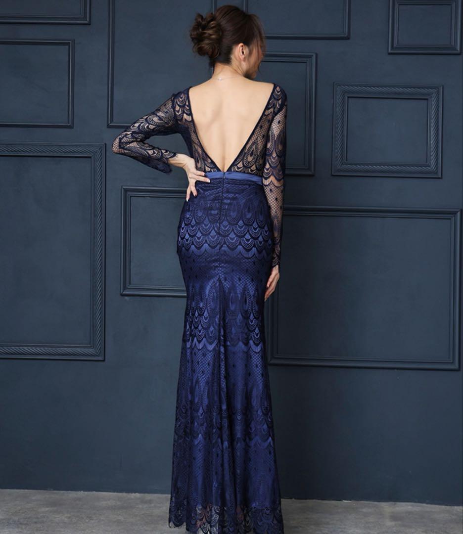 rinfarre総レースボートネックハイウエスト背中開き長袖Aラインロングドレス