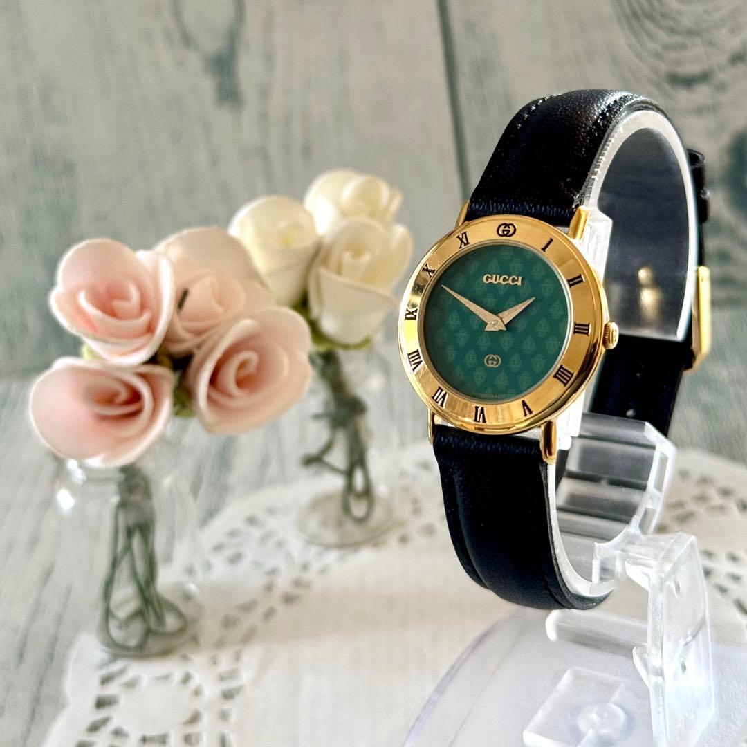 【電池交換済】GUCCI グッチ 3000L 腕時計 GG柄 グリーン