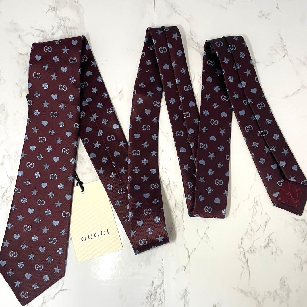 えぬさま専用【極美品】グッチ ネクタイGG柄 ハート蜂 光沢 タグ付き かわいい