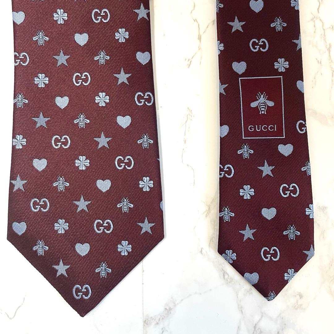 えぬさま専用【極美品】グッチ ネクタイGG柄 ハート蜂 光沢 タグ付き かわいい