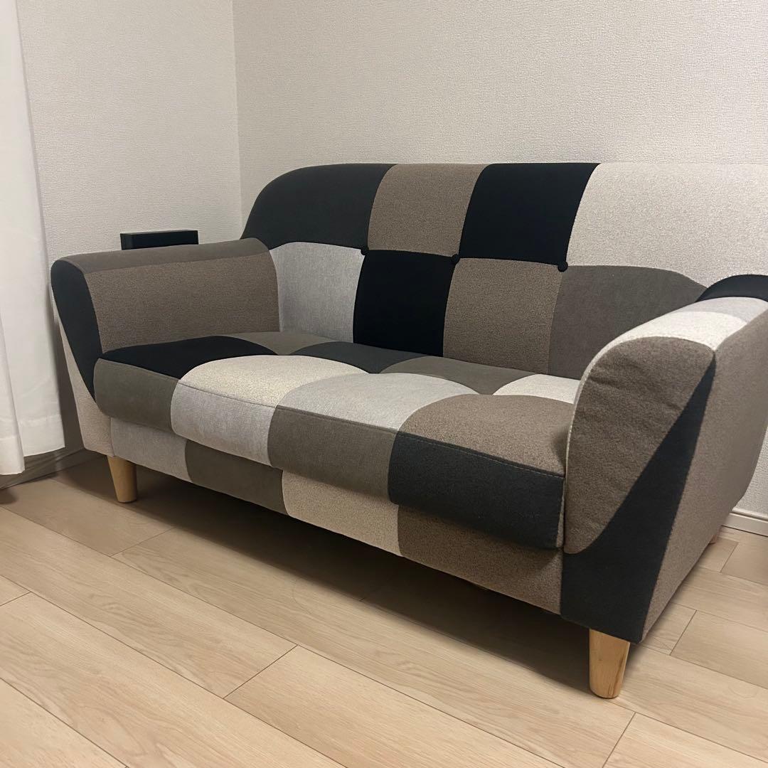 モノクロ　ブラウン　パッチワーク　ソファー　二人掛け