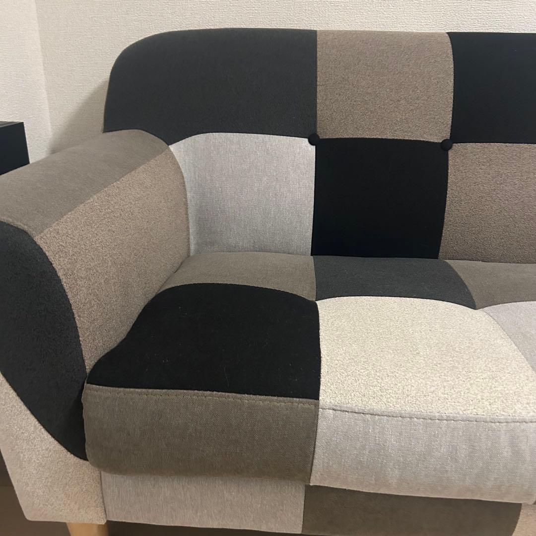 モノクロ　ブラウン　パッチワーク　ソファー　二人掛け