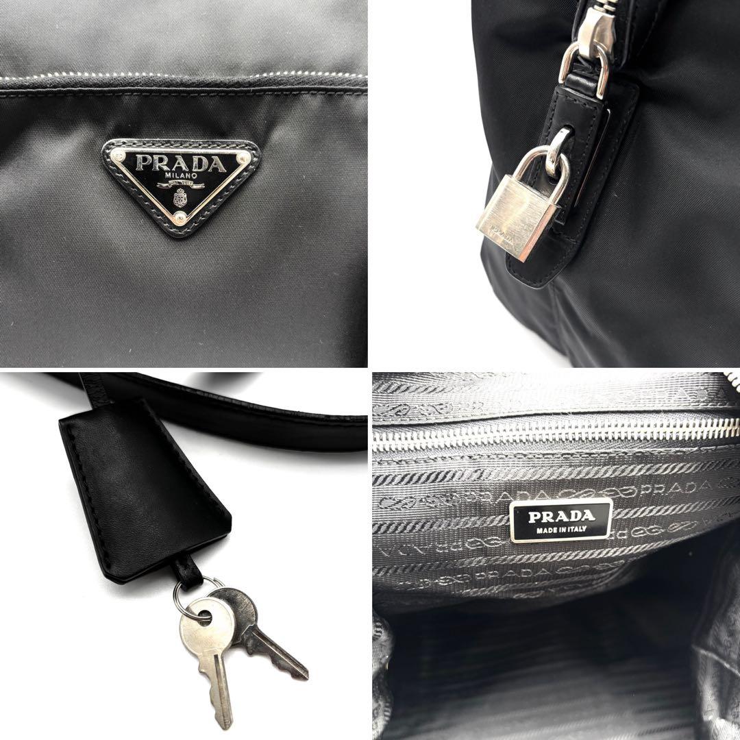 極美品 プラダ トートバッグ ボストンバッグ 三角ロゴ 白タグ 南京錠 鍵付 黒