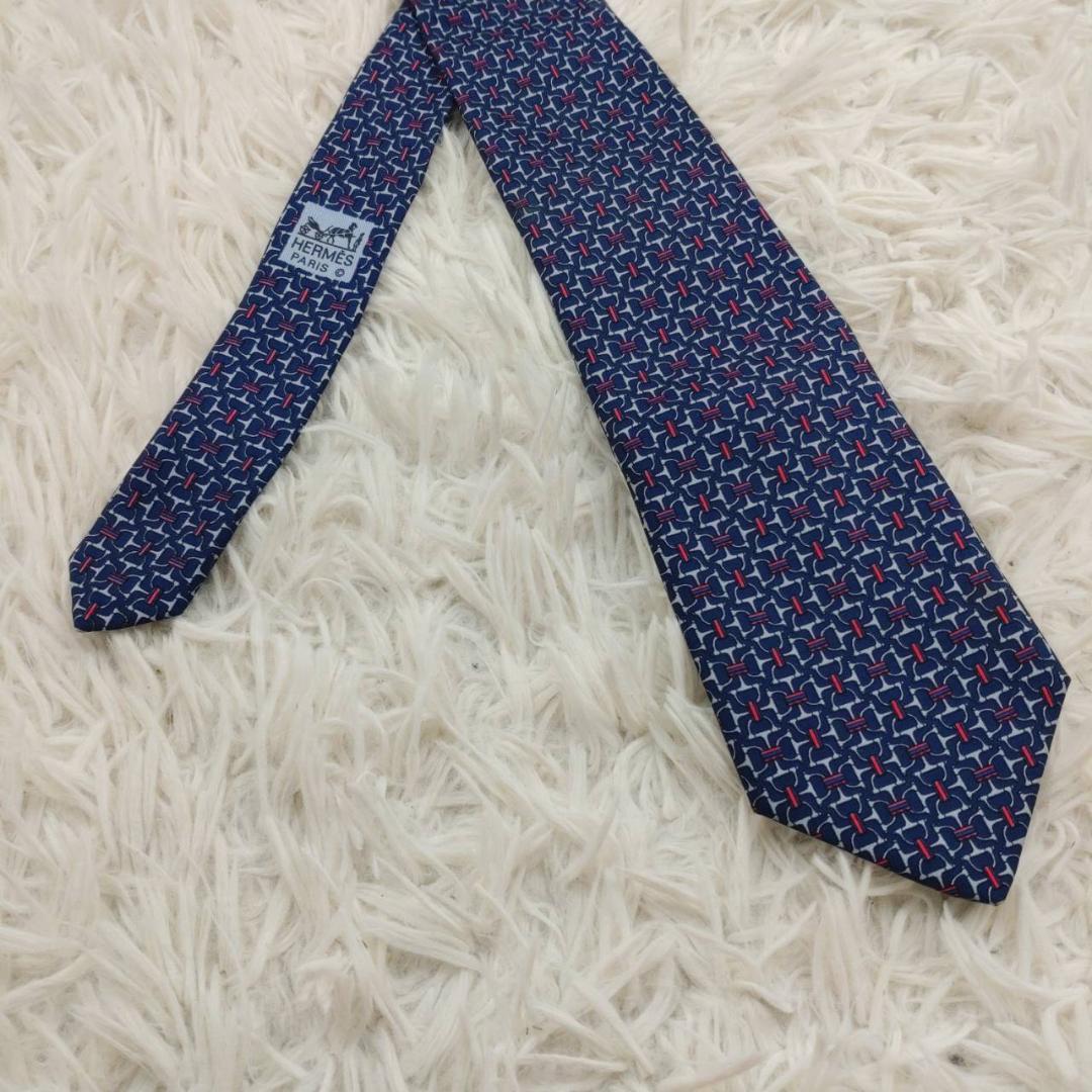 エルメス 高級シルクネクタイ 総柄 ネイビー