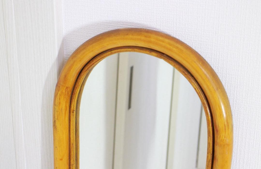 籐ラタン 大型ミラー 鏡 壁掛け アーチ型 全身 姿見 アンティーク