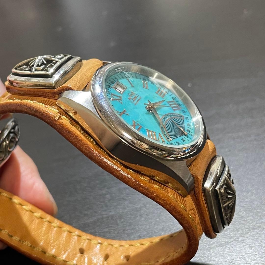 SAAD サード　ターコイズ　カラー　文字盤　レザーベルト腕時計