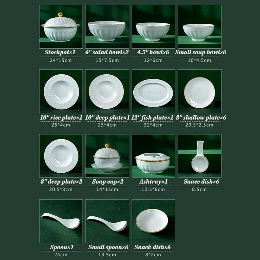 クラシック陶器食器ディナーセット・56ピースギフトボックスレリーフ青磁食器セット