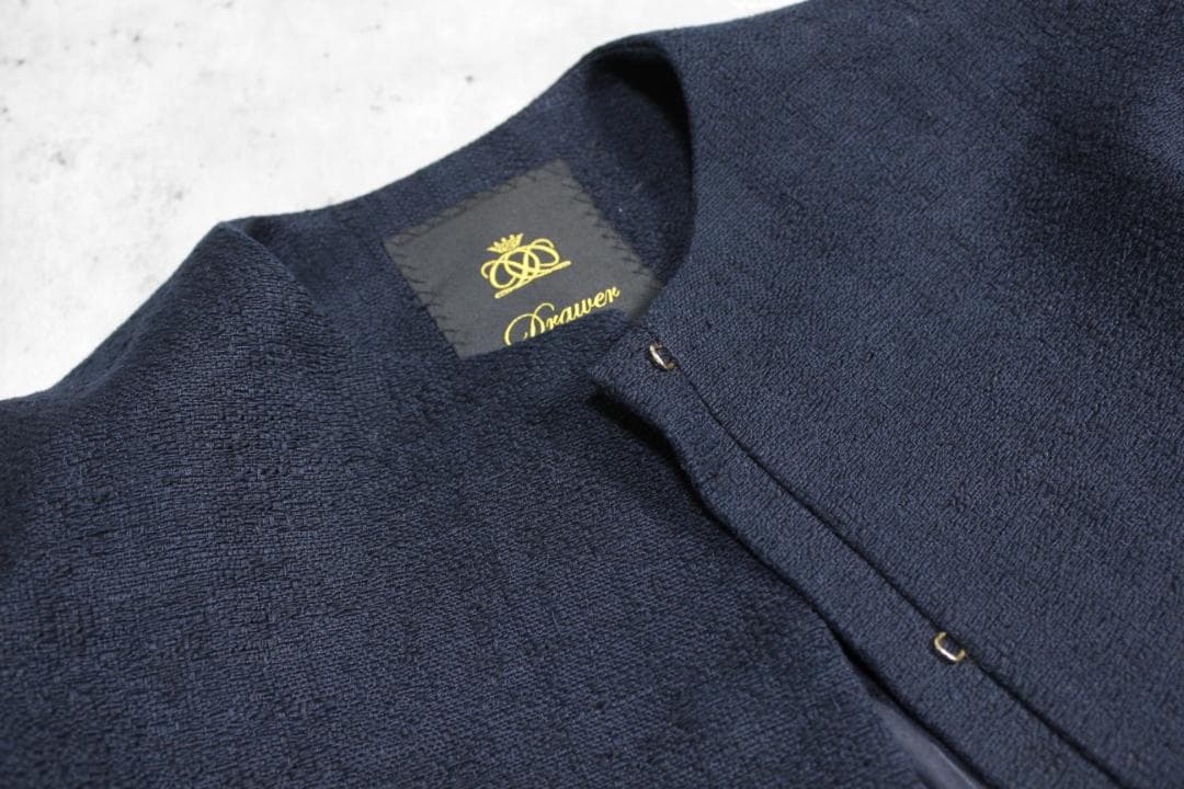 Drawer ドゥロワー シルク裏地 ノーカラージャケット 36 ネイビー