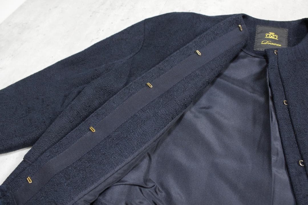 Drawer ドゥロワー シルク裏地 ノーカラージャケット 36 ネイビー