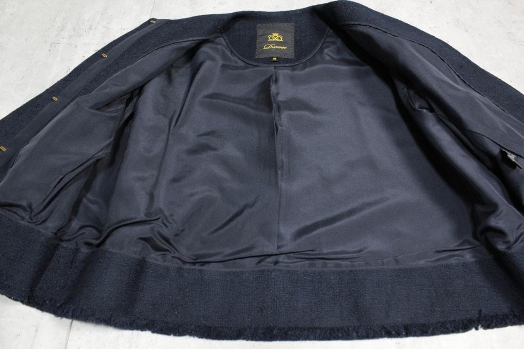 Drawer ドゥロワー シルク裏地 ノーカラージャケット 36 ネイビー