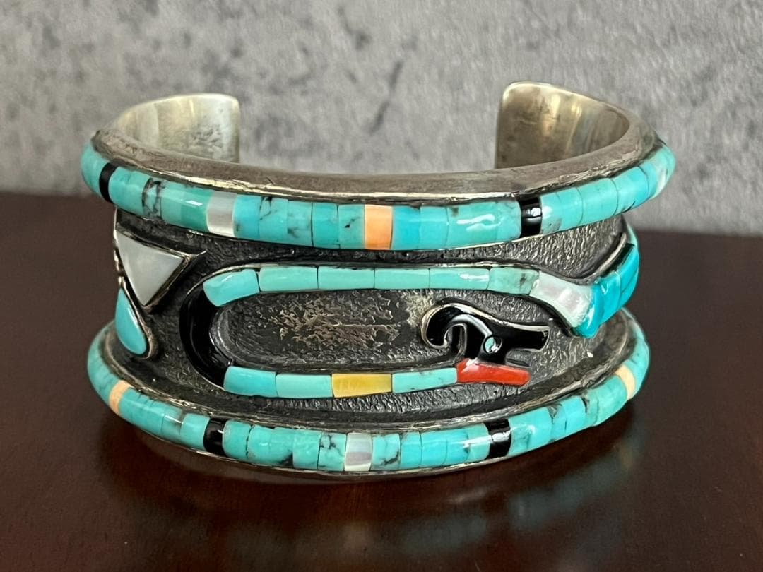 ◆シルバー×ターコイズ 幅広バングル 925刻印 幅38mm