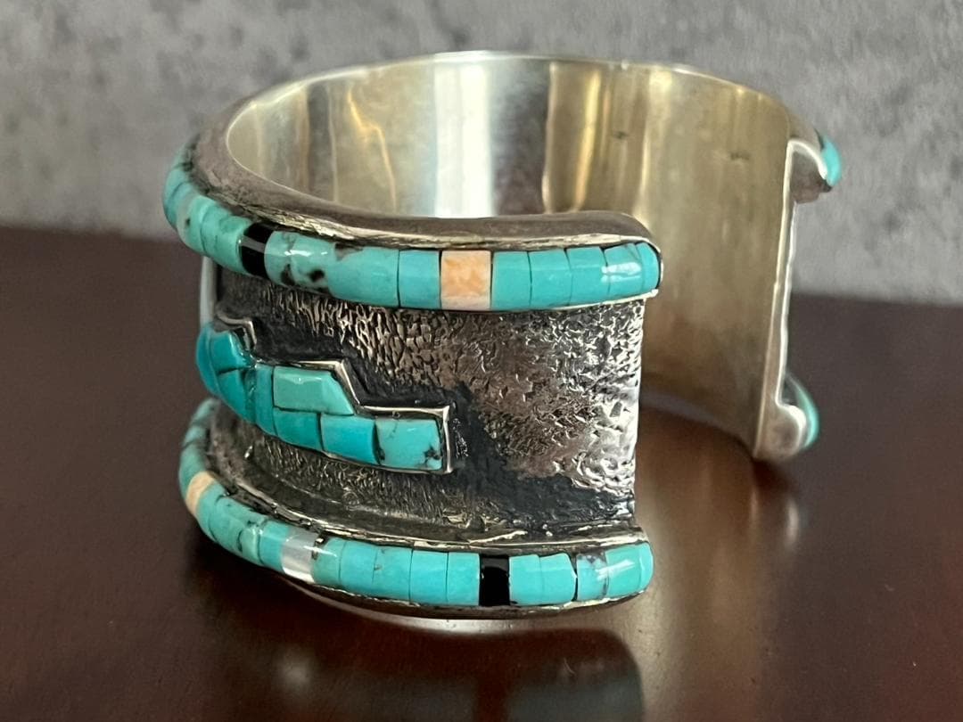 ◆シルバー×ターコイズ 幅広バングル 925刻印 幅38mm