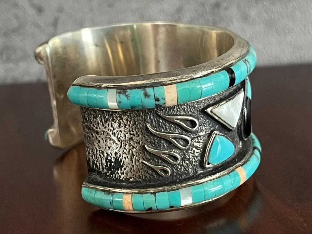 ◆シルバー×ターコイズ 幅広バングル 925刻印 幅38mm