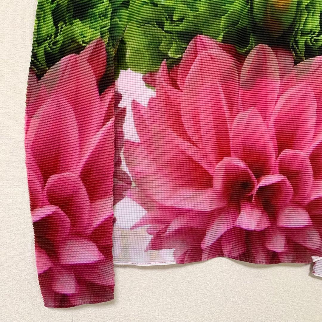 me ISSEY MIYAKE　ワッフルプリーツトップス　花柄長袖ブラウス
